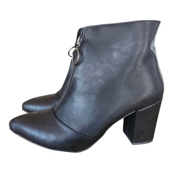 Black Zip Faux Leather Ankle Boot Black Pointed toe Block Heel 8 - Picture 2 of 9